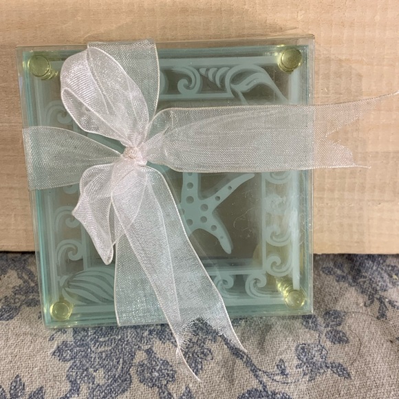 NIP Set of 4 Kate Aspen Etched Glass Nautical Coasters 3.5" Squares - Picture 2 of 9